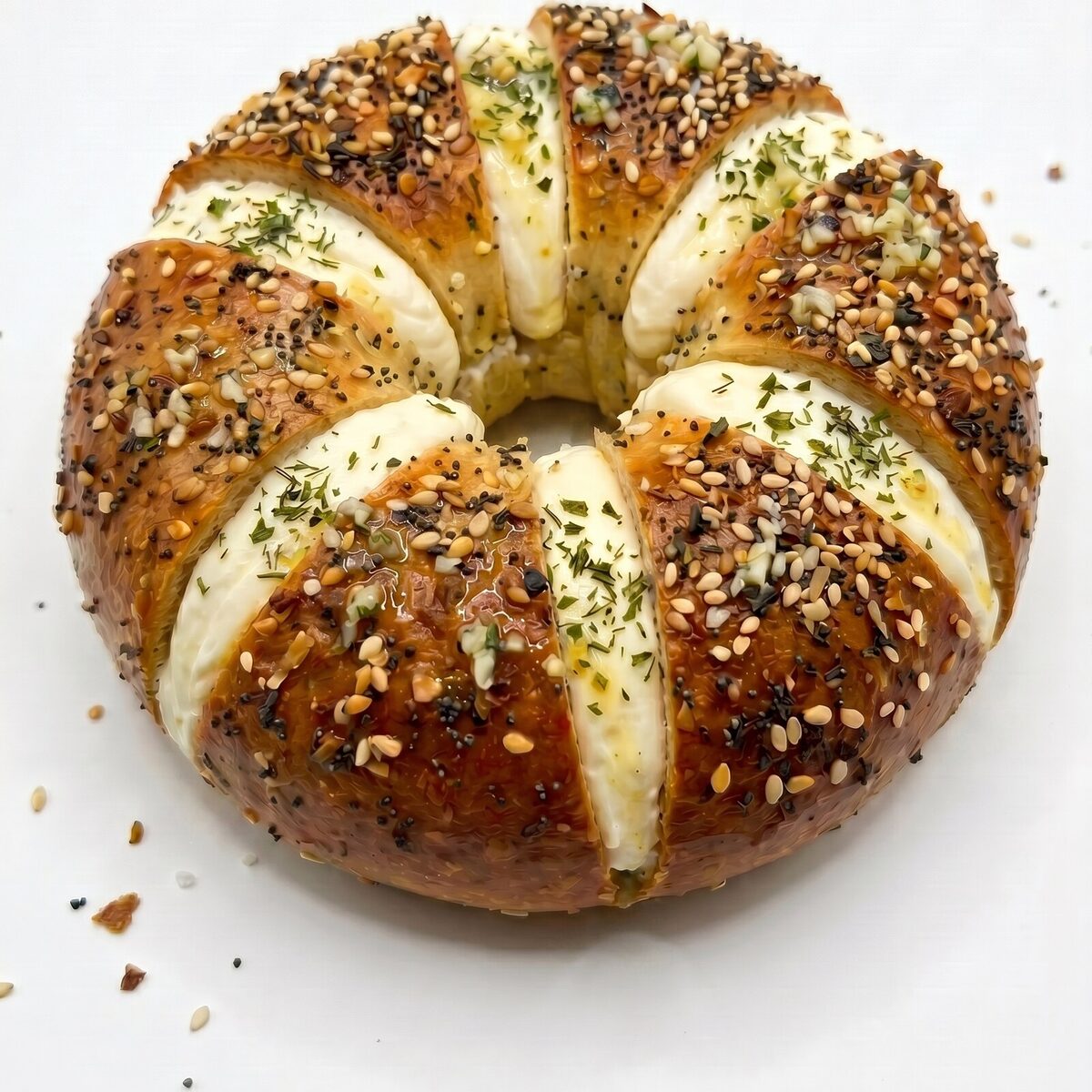 Garlic pull apart bagel with whipped cream cheese and garlic butter in every pull